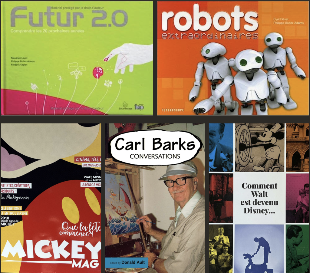 Exemples de livres rédigés ou dirigés ou incluant la participation de Sébastien Durand : "Futur 2.0", "Robot Extraordinaires", "Mickey 90 - Que la fête commence", "Conversations with Carl Barks", "Comment Walt est devenu Disney" 